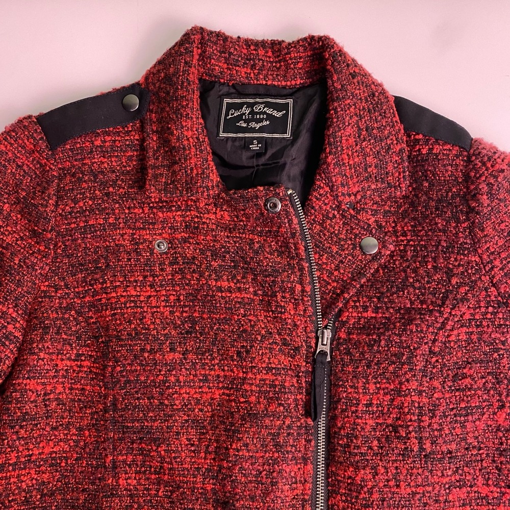 Lucky Brand Women's Size Small Tweed Moto Jacket Red‎ Black Blazer - Picture 4 of 10